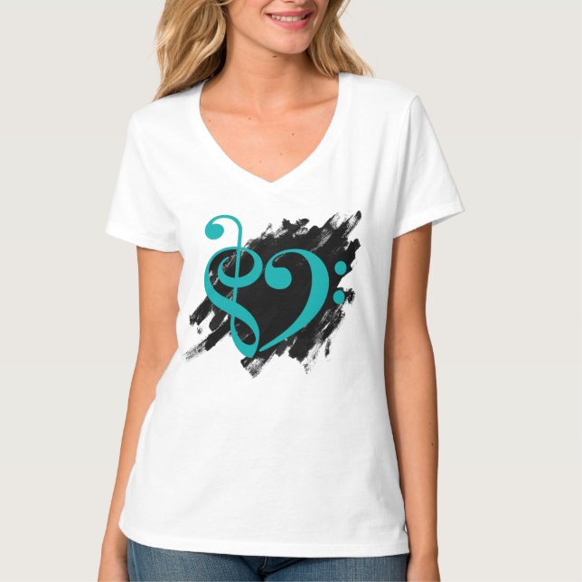 Treble and Bass Clef Musical Heart Turquoise T-Shirt (Front)