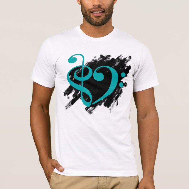 Treble and Bass Clef Musical Heart Turquoise T-Shirt (Front)