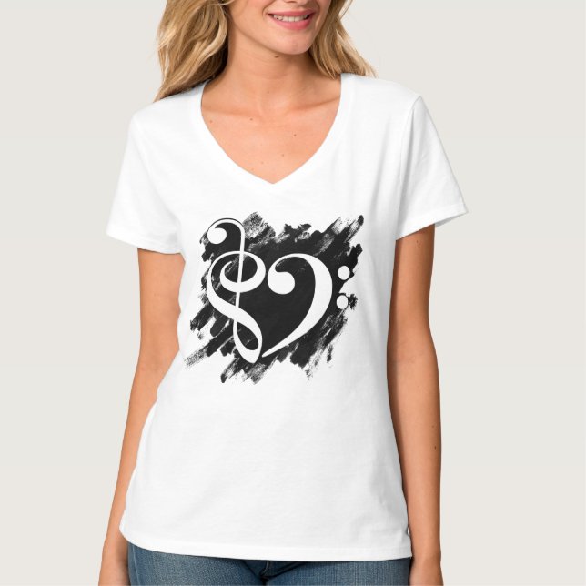 Treble and Bass Clef Musical Heart White T-Shirt (Front)