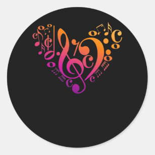 Treble Bass Clef Musical Notes Colourful Heart Classic Round Sticker