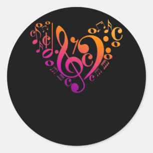 Treble Bass Clef Musical Notes Colourful Heart Classic Round Sticker