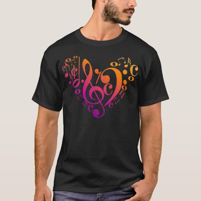 Treble Bass Clef Musical Notes Colourful Heart T-Shirt (Front)