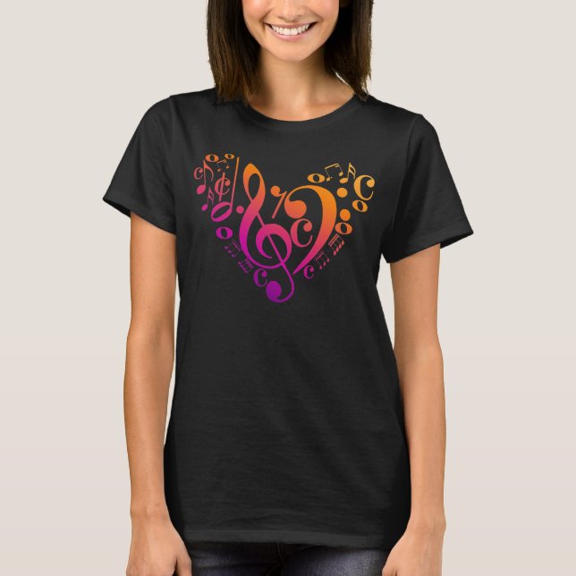 Treble Bass Clef Musical Notes Colourful Heart T-Shirt (Front)