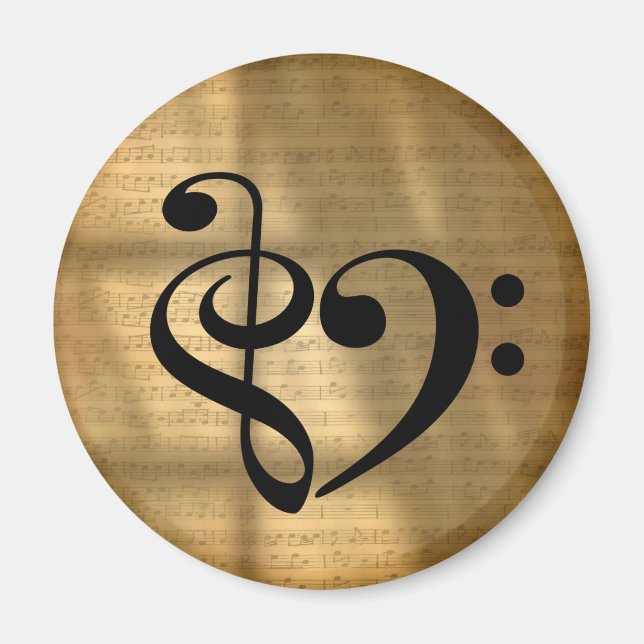 Treble Clef Bass Clef Heart Golden Sheet Music Magnet (Front)