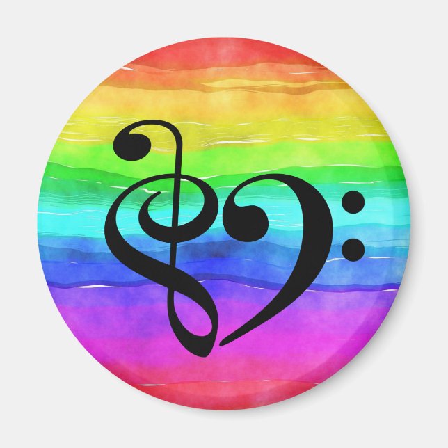 Treble Clef Bass Clef Heart Rainbow Watercolor Magnet (Front)