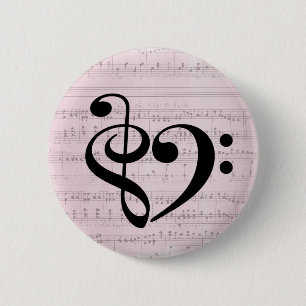 Treble Clef Bass Clef Heart Vintage Sheet Music 6 Cm Round Badge
