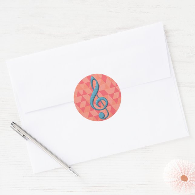 Treble Clef Geometric Triangles Teal and Pinks Classic Round Sticker (Envelope)