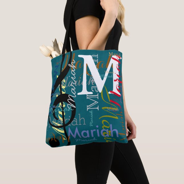 Treble Clef Music Note Monogram Colour Names teal Tote Bag (Close Up)