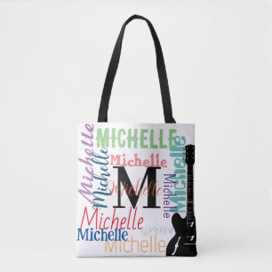 treble clef music note monogram with colour names tote bag