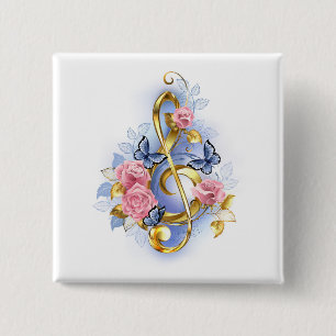 Treble clef with Pink Roses 15 Cm Square Badge