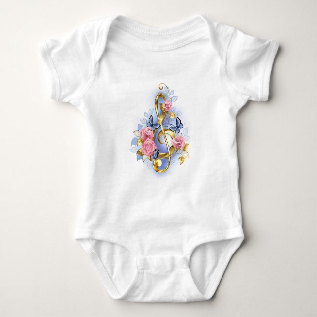 Treble clef with Pink Roses Baby Bodysuit (Front)