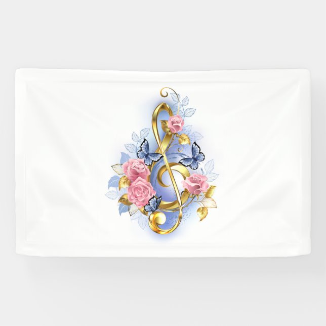 Treble clef with Pink Roses Banner (Horizontal)