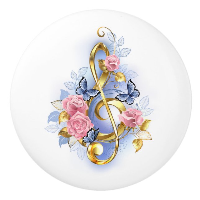 Treble clef with Pink Roses Ceramic Knob (Front)