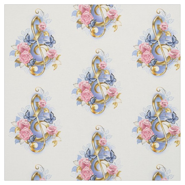 Treble clef with Pink Roses Fabric (Swatch)