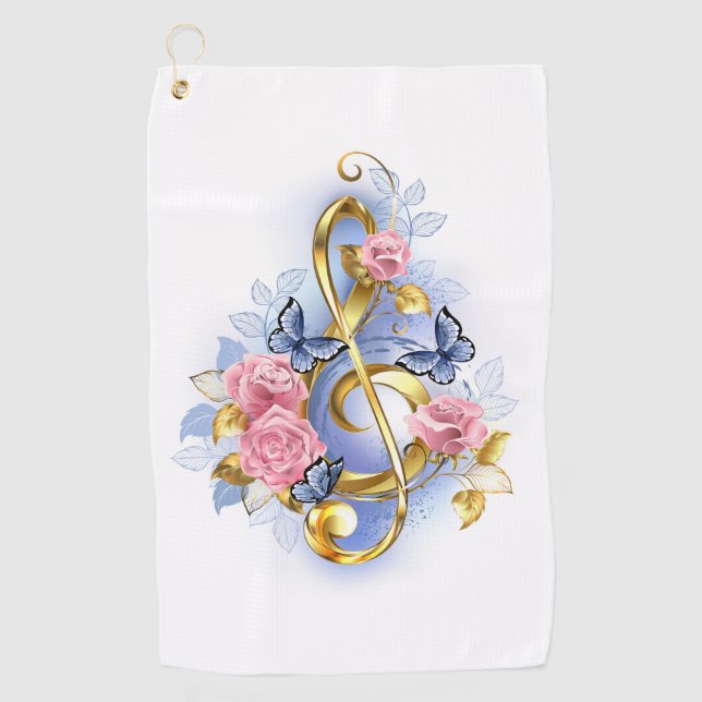 Treble clef with Pink Roses Golf Towel (Front)
