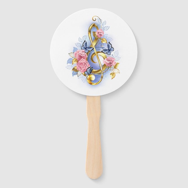 Treble clef with Pink Roses Hand Fan (Front)