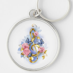 Treble clef with Pink Roses Key Ring