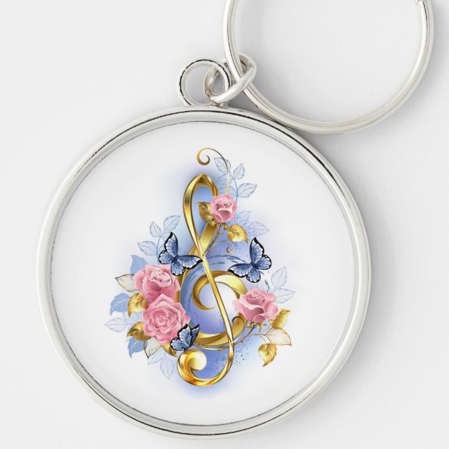 Treble clef with Pink Roses Key Ring (Front)