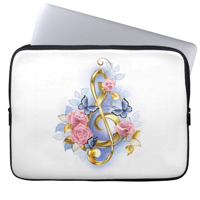Treble clef with Pink Roses Laptop Sleeve (Front)
