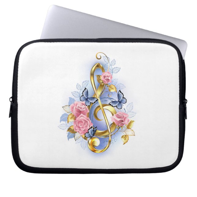 Treble clef with Pink Roses Laptop Sleeve (Front)