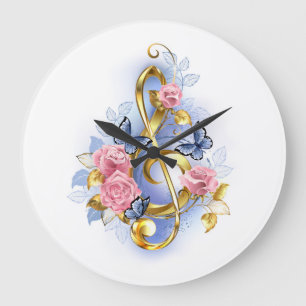 Treble clef with Pink Roses Large Clock