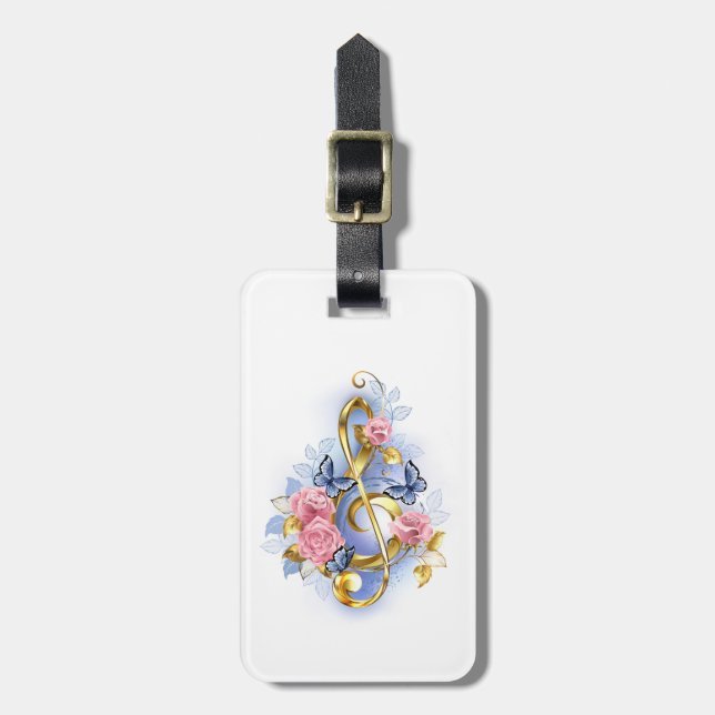 Treble clef with Pink Roses Luggage Tag (Front Vertical)