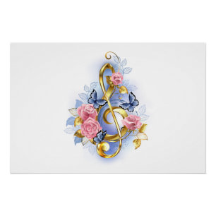 Treble clef with Pink Roses Poster