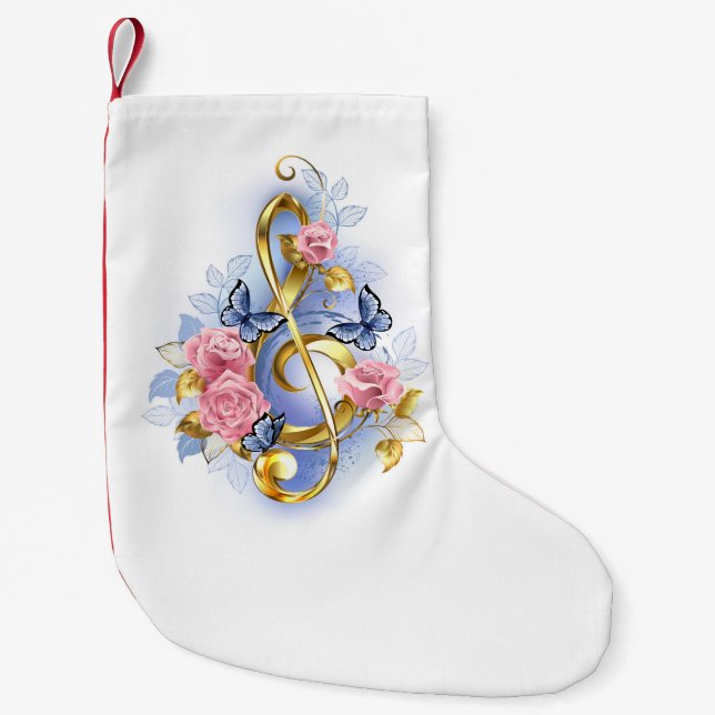 Treble clef with Pink Roses Small Christmas Stocking (Front)