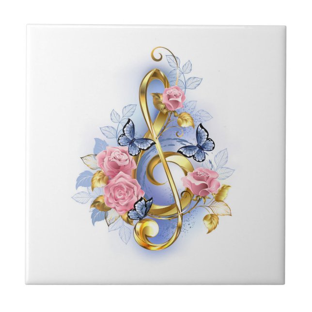 Treble clef with Pink Roses Tile (Front)