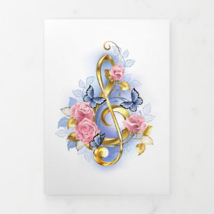 Treble clef with Pink Roses Tri-Fold Announcement