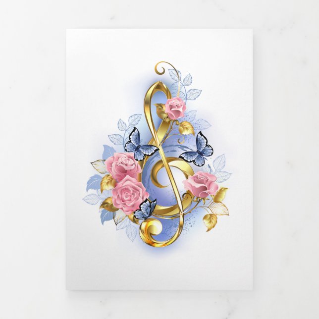Treble clef with Pink Roses Tri-Fold Announcement (Cover)