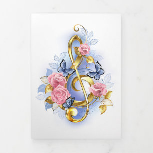 Treble clef with Pink Roses Tri-Fold Card
