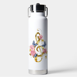 Treble clef with Pink Roses Water Bottle