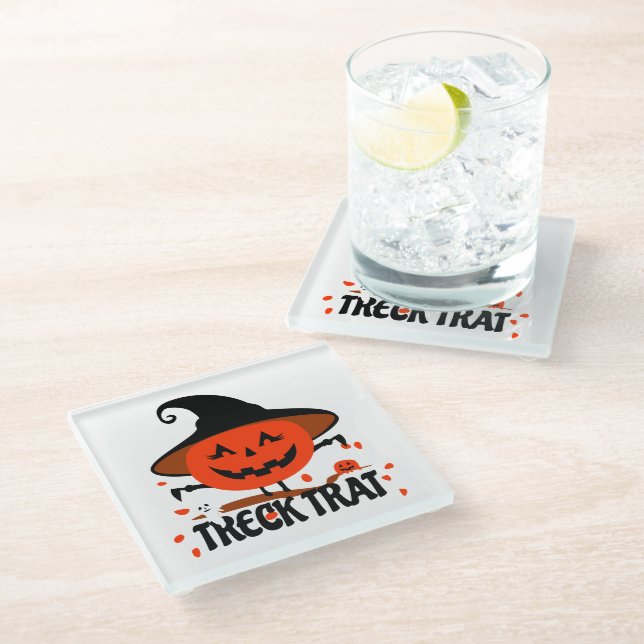 Treck Trat Pumpkin Smiling Glass Coaster (Angled)