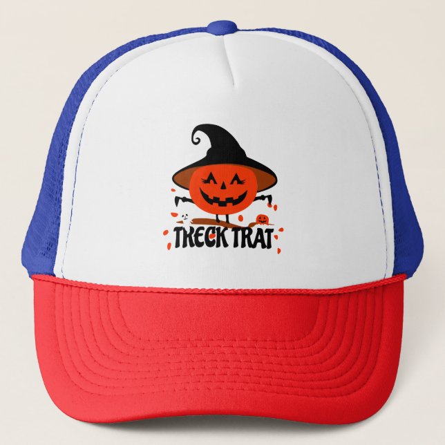Treck Trat Pumpkin Smiling Trucker Hat (Front)