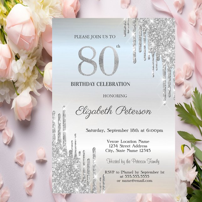Tredny Elegant Silver Glitter Drips  80th Birthday Invitation (Creator Uploaded)