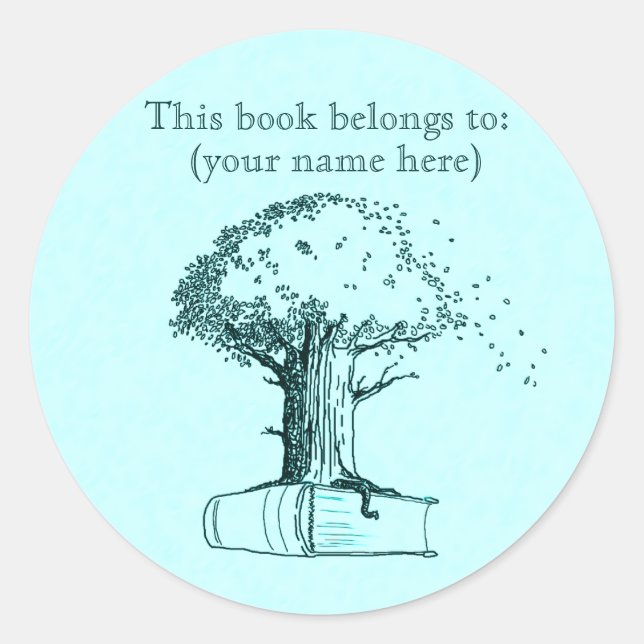 Tree and a book, light blue classic round sticker (Front)