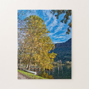 Tree and boat by the lake fall landscape jigsaw puzzle