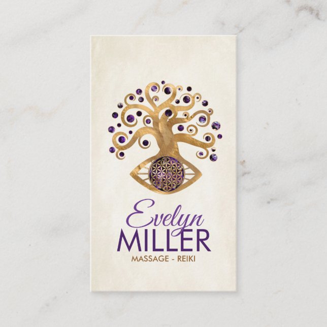 Tree and Flower of life - Amethyst and Gold Business Card (Front)