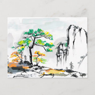 Tree and Landscape with Mountain Village Postcard