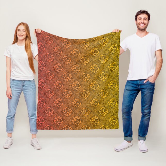 Tree and Leaf Dragon in Black on Red Yellow Orange Fleece Blanket (In Situ)