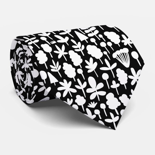 Tree and Leaf shape Pattern 051017 - Wht on Blk Tie (Rolled)