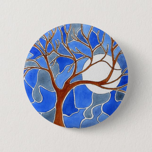 Tree and Moon Art Button- Blue 6 Cm Round Badge (Front)