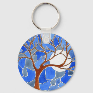 Tree and Moon Art Keychain - Blue
