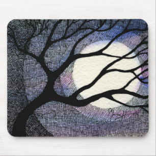 Tree and Moon Cross Hatched Mouse Pad
