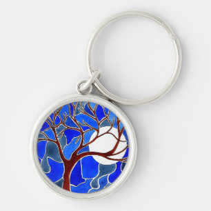 Tree and Moon on Canvas - Blue Key Ring