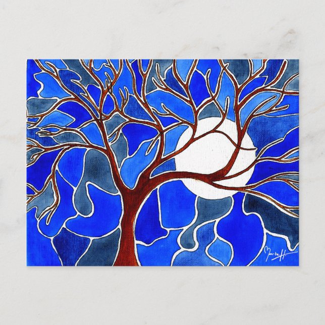 Tree and Moon on Canvas - Blue Postcard (Front)