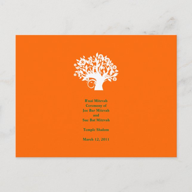 Tree Bar Mitzvah Wedding Program 4" x 6" Card (Front)