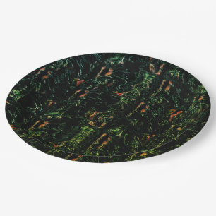 Tree bark under green hammered glass paper plate