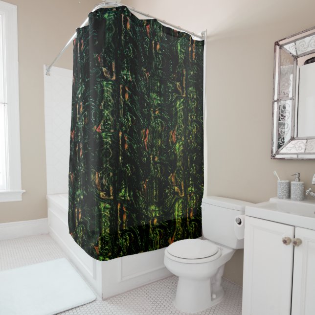 Tree bark under green hammered glass shower curtain (In Situ)